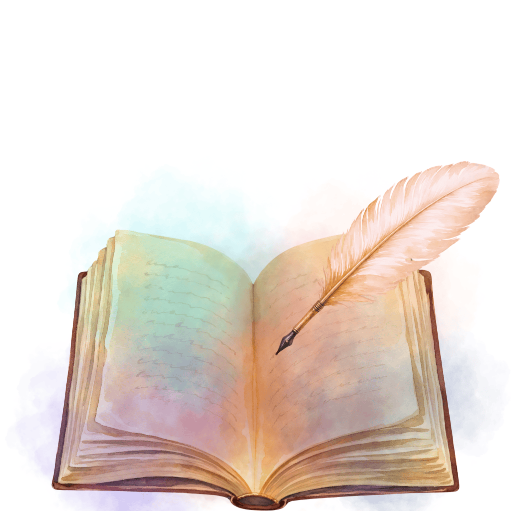 There is an open book. On top of the book in the right corner is a quill that is writing in the book. The book is also stained with many colors.